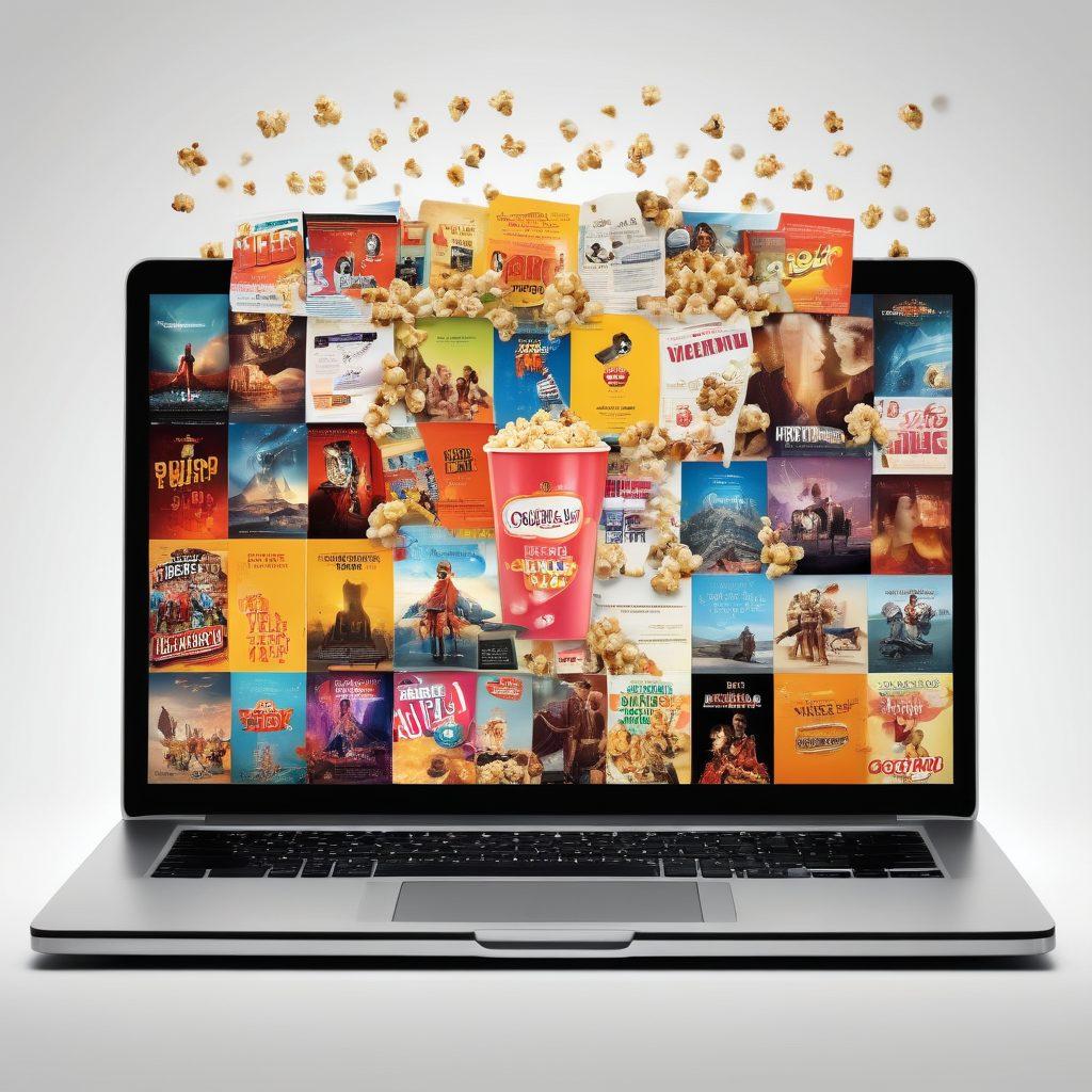 A captivating collage of popular movie posters floating above a laptop screen displaying a vibrant streaming website interface. Include hints of stacks of popcorn and a cozy couch, symbolizing a relaxed movie-watching experience. Add playful icons representing downloading and watching films online. The background should be a soft gradient to evoke a dreamy cinema atmosphere. super-realistic. vibrant colors. white background.