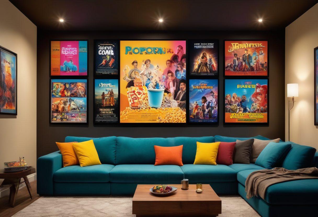 An inviting home theater setup displaying a large screen with visually striking, colorful movie posters surrounding it. A cozy couch adorned with popcorn and drinks, emphasizing the comfort of watching movies at home. The lighting should be warm and inviting, giving a sense of relaxation and enjoyment. Incorporate a digital clock showing late-night movie hours. vibrant colors. super-realistic.