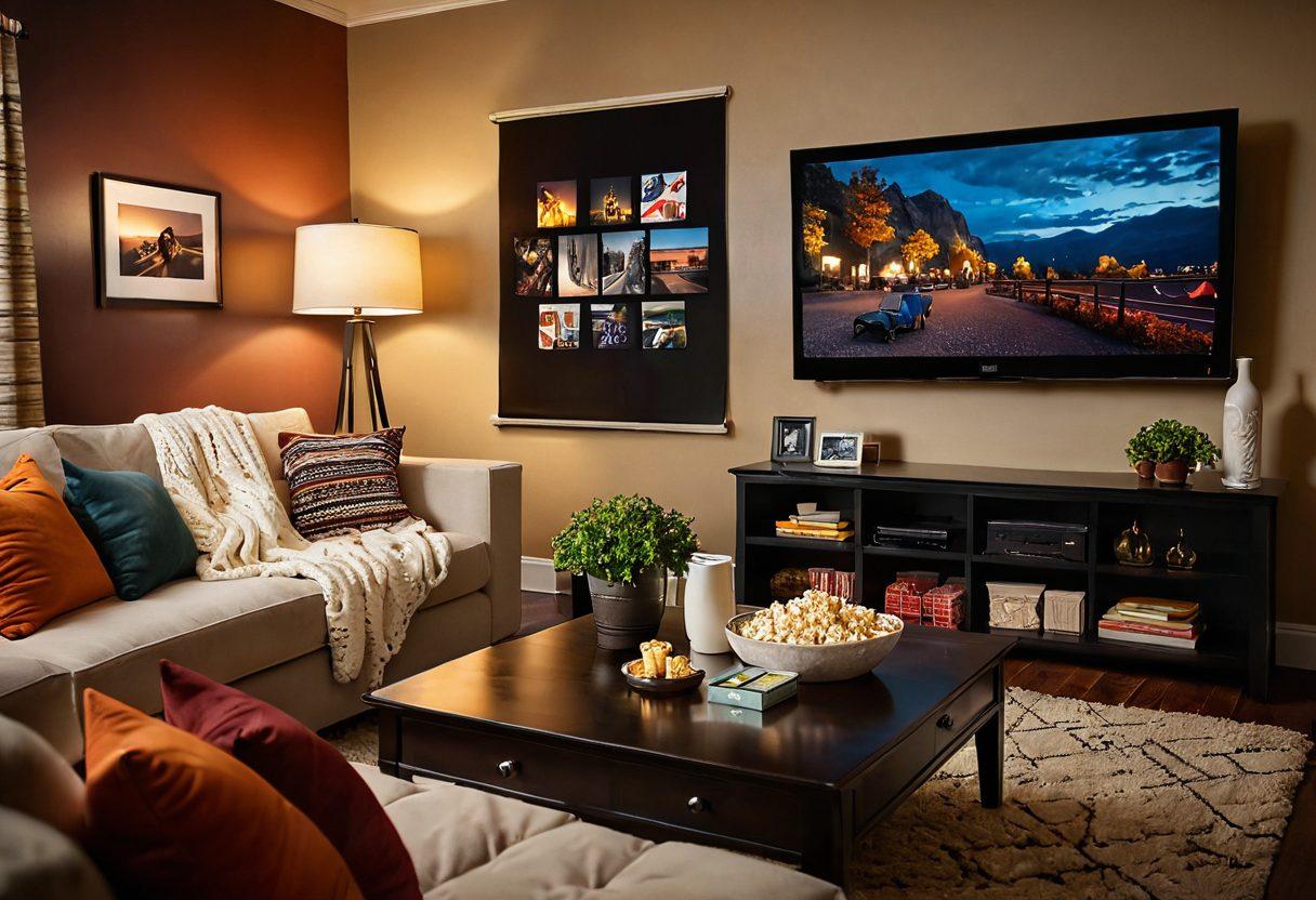 A cozy living room setting featuring a big screen TV with a movie playing, comfortable seating, and popcorn on a coffee table. The scene should evoke a sense of relaxation and enjoyment, with cozy blankets and soft lighting. Include elements representing free film streaming like a laptop with various streaming icons. Capture a vibrant, inviting atmosphere. super-realistic. warm colors.